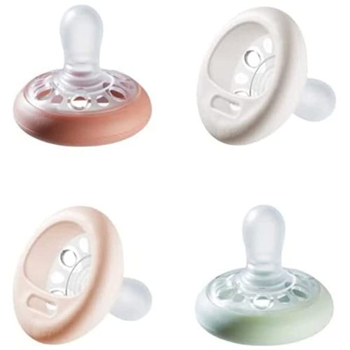 Tommee Tippee Breast-Like Pacifier, Skin-Like Texture, Symmetrical Design, BPA-Free Binky, 0-6 Months, Pack of 4 Pacifiers - Rose/Green/Cream - 4 Count
