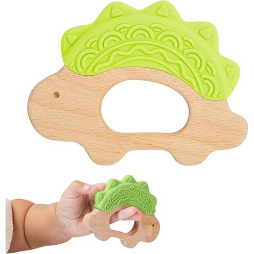 Baby Must Haves – Baby Teething Toys and Teether for Soothing Relief – Perfect for Teething Toys 3-6 Months and Shower Gifts – Soft, BPA-Free, Ergonomic Dinosaur Wood Design.