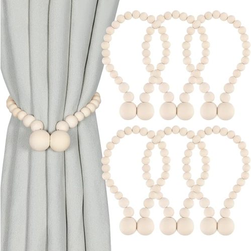 Magnetic Curtain Tiebacks, Curtain Tie Backs for Curtains 6 Pack, Wood Bead Curtain Tiebacks, Curtain Holders for Boho Bedroom Decor, Baby Nursery Decor, Farmhouse Decor