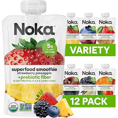 Noka Superfood Fruit Smoothie Pouches Variety Pack, Healthy Snacks with Flax Seed, Plant Protein and Prebiotic Fiber, Vegan and Gluten Free Snacks, Organic Squeeze Pouch, 4.22 oz, 12 Count
