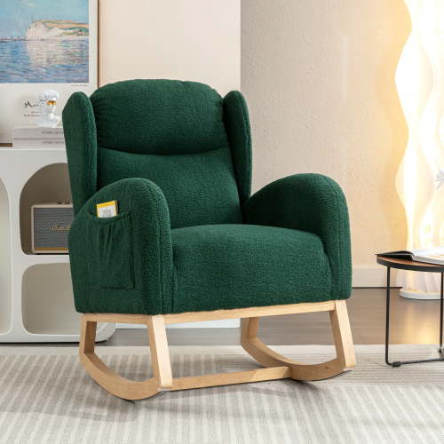 Muumblus Wingback Glider Rocking Chair for Baby Nursery, Adult, Indoor, Green Teddy