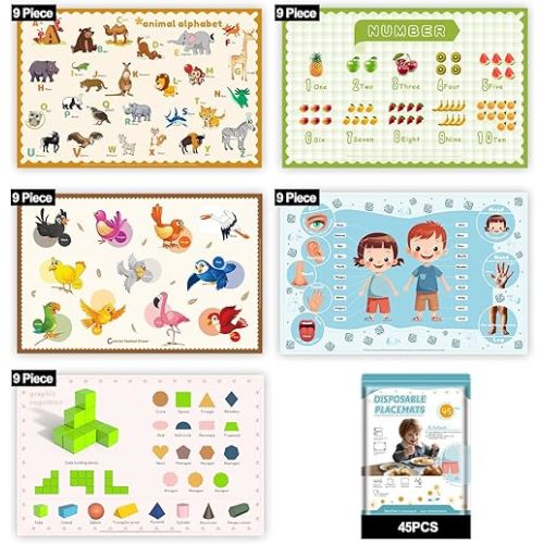 45 Pack Sticky Disposable Placemats for Baby & Toddlers,Toddler Placemat 12"x18" Kids Table Mat for Party, Picnic Table, Restaurants Dining Table Travel Essentials for Toddlers with 5 Designs