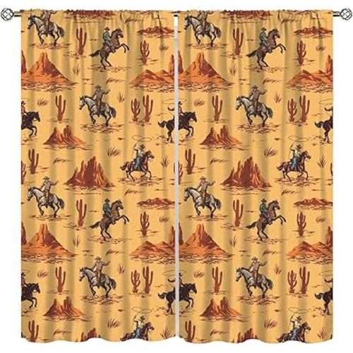 Vintage West Cowboy Curtains Wild Western Cowboy and Horses Cactus Print Blackout Rod Pocket Drapes for Bedroom Living Room Decor Room Darkening Window Treatments Set 2 Panels,42x45 Inches