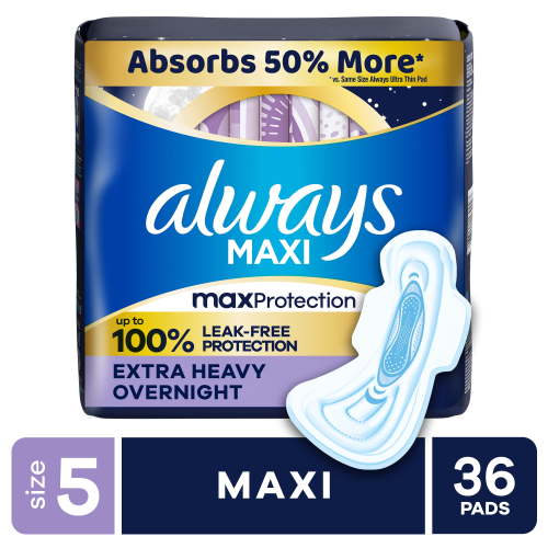 Always Maxi Pads with Wings, Size 5, Extra Heavy Overnight, 36 Count HSA/FSA Eligible