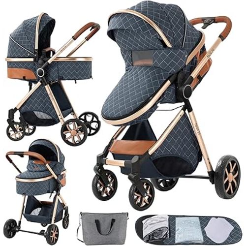 2 in 1 Baby Bassinet Stroller, Convertible Foldable Standard Stroller, Reversible Pushchair Infant Buggy Carriage, Portable High Landscape Pram for Toddler Newborn, Aluminum Alloy (2USV9-BLUE)