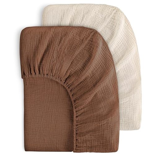 Yoofoss Muslin Crib Sheets for Boys Girls 100% Cotton Fitted Baby Crib Sheet 2 Pack Soft and Breathable for Standard Crib Mattress & Toddler Mattress 52"x28" Apricot&Brown - Cream&brown