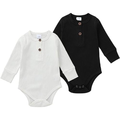 Lala Bear Baby Girl Boy 2 Pack Solid Long Sleeve Romper Bodysuit Clothes - Black & White - 0-3 Months
