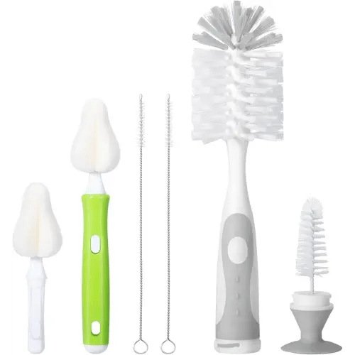 Baby Bottle Brush with One Base Hidden Nylon Nipple Cleaner, 2 Pcs Sponge Nipple Brushes, 2 Pcs Straw Brushes, Bottle Brush with Nipple Cleaner and Suction Cup (Gray)
