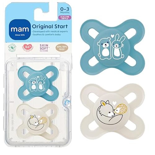 MAM Original Start Matte Baby Pacifiers 0-3 Months, BPA-Free Skin Soft Silicone Nipple, Developed with Medical Experts Specially for Smaller Newborn Mouths, Easy to Clean, 2 Pk with Sterilizer Case