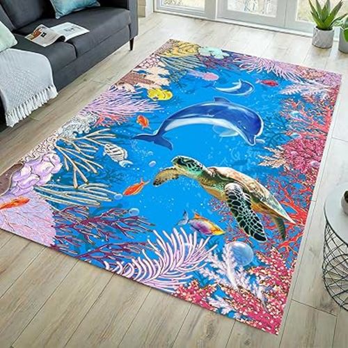 Tropical Ocean Sea Animals Area Rug ，6x8ft Dolphin Turtle Non-Slip Door Mat, Machine Washable Low Pile Carpet for Bedroom, Living Room, Entryway, Soft Indoor Home Decor Rug