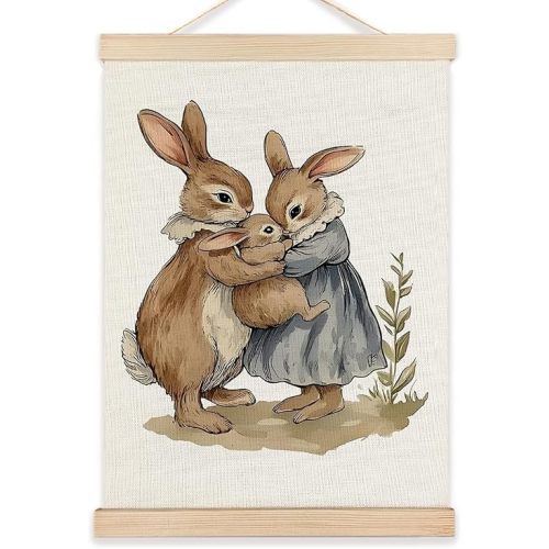 LZYRF Bunny Nursery Wall Art Poster Framed, Rustic Cottagecore Rabbit Kids Decor Family Prints Canvas Prints Wall Decor for Toddler Kids Girls Bedroom Dorm Nursery Playroom, 12x16 Inch