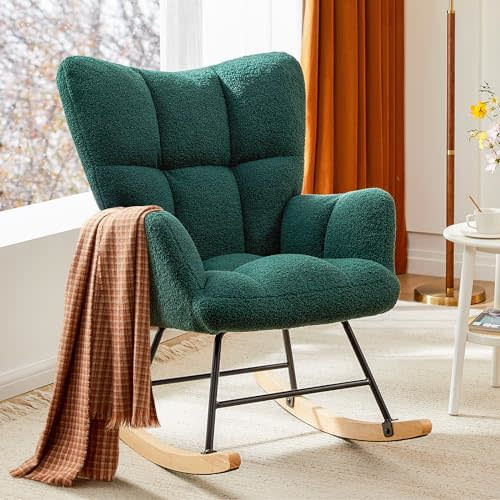 Sweetcrispy Rocking Chair Nursery, Teddy Upholstered Glider Rocker with High Backrest, Reading Chair Modern Rocking Accent Chairs Glider Chair for Nursery, Living Room, Bedroom