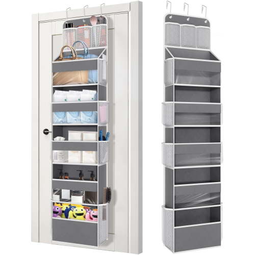 AcerichFad Over the Door Organizer Storage, 1 Pack 6 Layer 8 Mesh Side Pockets Large Capacity Hanging Door Storage Closet Organizer with Clear Window for Kids Toys Shoes Diapers (Gray)