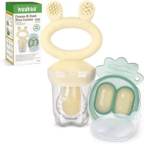 Haakaa Baby Fruit Food Feeder & Mini Freezer Nibble Tray Combo, Breastmilk Popsicle Molds for Baby Cooling Relief, BPA Free Silicone Feeder for Safe Infant Self Feeding, 4 Month+ (Oat)