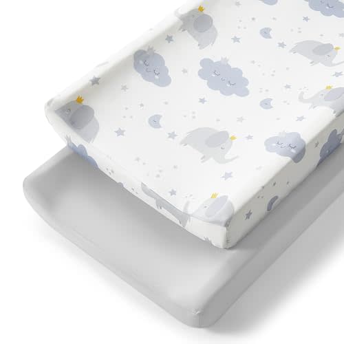 TILLYOU Changing Pad Cover Set in Soft Jersey Material - Fits 32"/34''x16 Contoured Pad for Babies, Elephant & Cloud, Grey