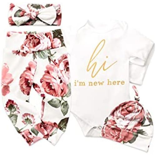 KANGKANG Newborn Baby Girl Clothes Hi I'm New Here Newborn Outfit Infant Romper Floral Pants Cute Baby Girl Outfits 4PC Set