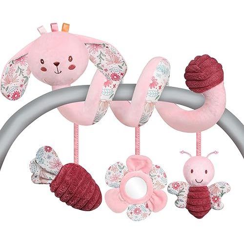 USATDD Car Seat Toys for Babies, Spiral Hanging Toys Stroller Activity Toys, Pink Sensory Baby Plush Carseat Toys Baby Toys Newborn Essentials for 0 3 6 12 Months