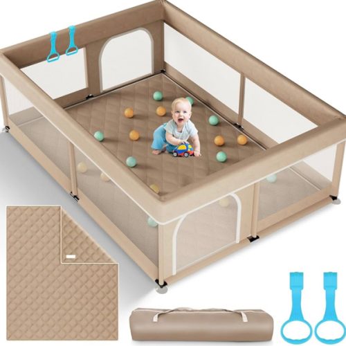Baby Playpen with Mat 71"×59" - Extra Large Playpen for Babies and Toddlers with Mat Included, Safety Playard for Baby with Gate, All-Wrapped Soft Sponge Baby Gate Playpen with Stable Mat Velcro