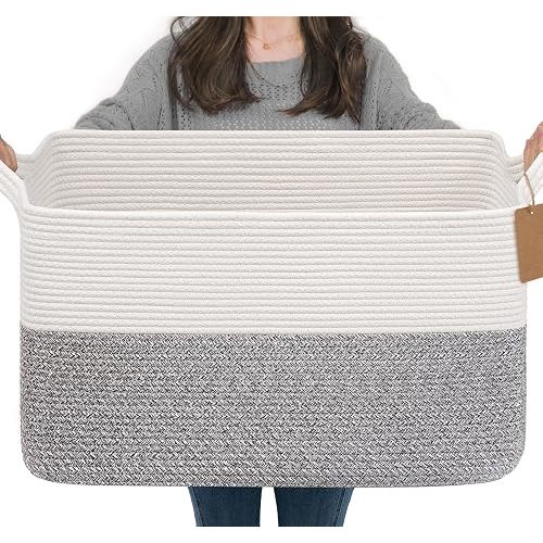 Goodpick 75L Extra Large Woven Rope Blanket Basket, Rectangle, Light Gray