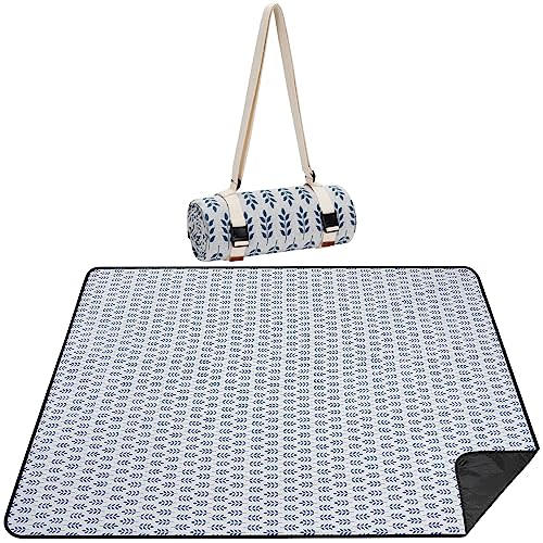 WILLOW WEAVE Picnic Blankets Washable | Beach Mat Sand Free Waterproof | Camping Blankets | Emergency Blankets | Picnic Baskets Accessories with Waterproof Backing and Shoulder Strap - BlueLeaf