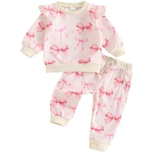 Toddler Baby Girl Fall Clothes Cute Bow Print Ruffle Long Sleeve Sweatshirt and Pants Set 2Pcs Waffle Knit Outfit