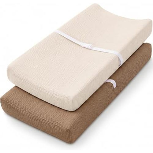 Muslin Changing Pad Cover, Baby Diaper Changing Table Pad Sheets, Cotton Soft Breathable Fitted, Boys Girls Neutral 2 Pack (Brown&Beige)