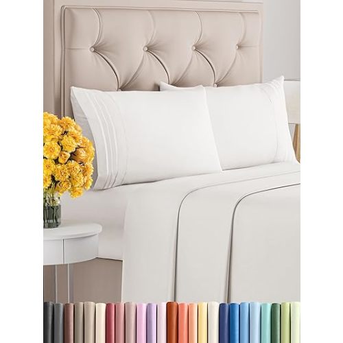 Queen Size 4 Piece Sheet Set - Comfy Breathable & Cooling Sheets - Hotel Luxury Bed Sheets for Women & Men - Deep Pockets, Microfiber, Extra Soft & Wrinkle Free - Antique White Oeko-Tex Bed Sheet Set