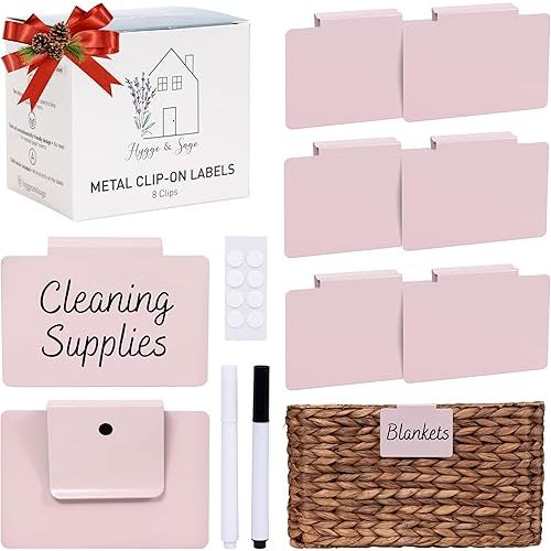 Hygge & Sage: Metal Bin Labels for Home Organization | Non-Slip Basket Labels Clip On for Storage Bins, Baskets, or Wire Racks | Includes 8 Labels, 8 Non-Slip Pads, and 2 Free Markers (Pink)