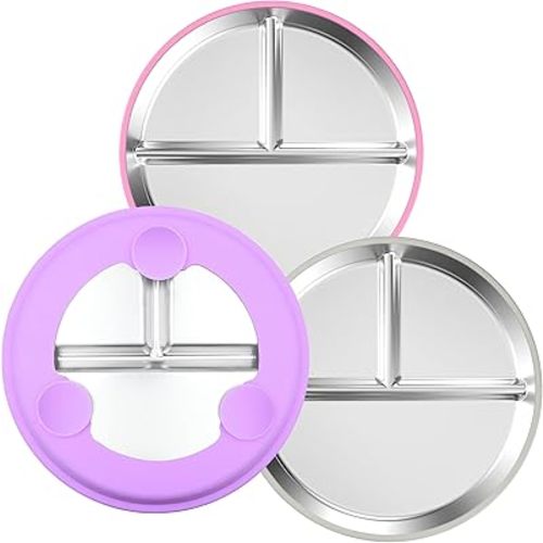 3-Pack Stainless Steel Baby Plates with Suction, BPA-Free Stainless Steel Kids Plates, 9" Divided Toddler Plate for Dishwasher Safe, Non-Slip Silicone Base, Detachable (Pink, Gray, Purple)