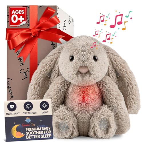 Gemma Joy Bedtime Baby Soothers for Sleep, Cry Activated Heartbeat Stuffed Animal for Baby, Newborn, Calming Light, Lullaby Music, White Noise, Shush and Mother’s Heartbeat - (Bunny, Non-Rechargeable)