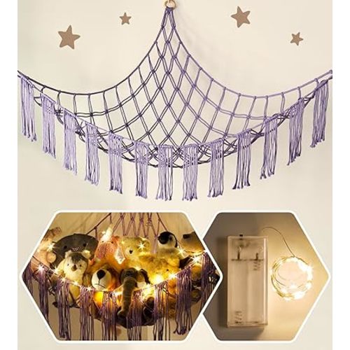 Stuffed Animal Hammock Corner with LED Light - Toy Storage Hammock Plushie Net Organizer - Teddy Bear Stuffy Hammock - Purple Nursery Decor Baby Kids Bedroom Nursery Furniture