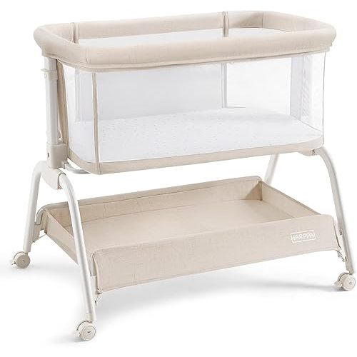 HARPPA Cuddly Bassinet, 2 in 1 Baby Bassinet with Breathable Mesh and Mattress, 6 Height Adjustable, Bedside Sleeper with Anchor Strap, Storage Basket and Wheels, Beige