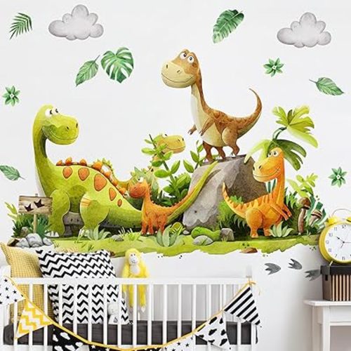 Large Dinosaur Wall Decals Green Dino Wall Stickers for Baby Boys Room Removable Dino Wall Decor with Tropical Palm Leaves Kids Toddler Nursery Classroom Bedroom Decor MS7187