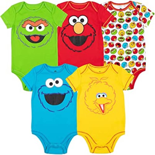 Sesame Street Elmo Oscar the Grouch Big Bird Abby Cadabby Baby 5 Pack Bodysuits Newborn to Infant