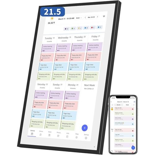 21.5 Inch Digital Calendar, Electronic Chore Chart, Smart Weekly and Monthly Planner 1920 * 1080P IPS Touchscreen Wall and Desk Calendar for Family Schedules, Black