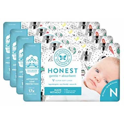 The Honest Company Diapers - Newborn, Size 0 - Space Travel Print | TrueAbsorb Technology | Plant-Derived Materials | Hypoallergenic, 32 count each, Pack of 4