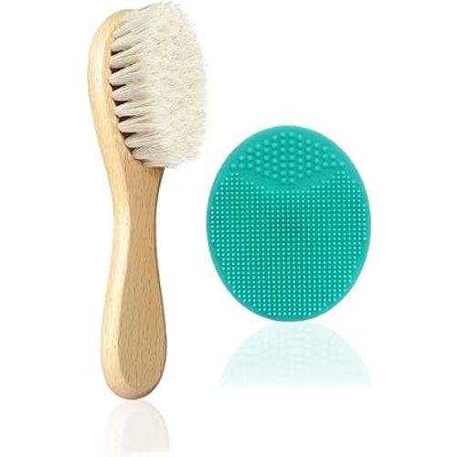 Baby Hair Brush, Goat Bristles Brush and Baby Cradle Cap Brush Set for Cradle Cap Wood Bristle Brush for Newborns and Toddlers (2 Piece)