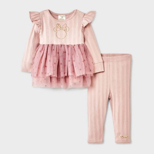 Baby Girls' 2pc Disney Minnie Mouse Long Sleeve Tulle Dress and Leggings Set - Pink