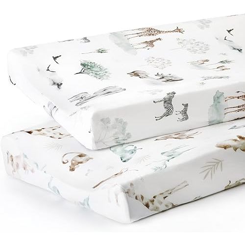 GRSSDER Stretch Ultra Soft Jersey Knit Changing Pad Cover Set 2 Pack, Change Table Pad Covers Fit 32"/34" x 16" Pads Safe and Snug, Stylish Pattern for Boys and Girls, African Savannah Animals