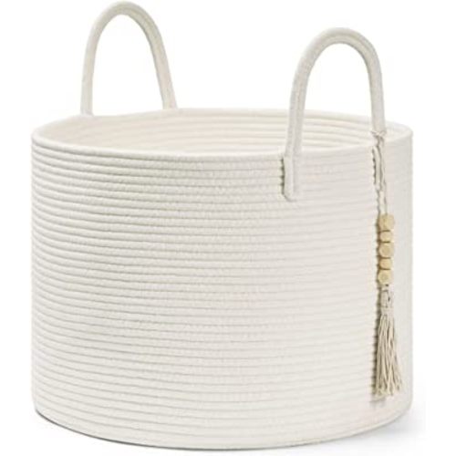 Goodpick Large Laundry Basket Decorative White Basket for Blankets, Baby Storage Basket for Nursery, Living Room, Bedroom, Big Rope Hamper 17.7 x 12.6 Inches, White