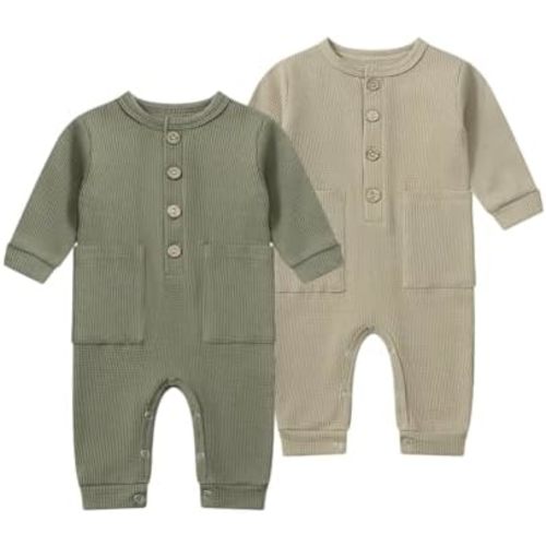 BeiVSlley Newborn Baby Boy Girl 2 Pack Button Solid Romper Infant Long sleeve Knit Cotton Footless Outfits Clothes