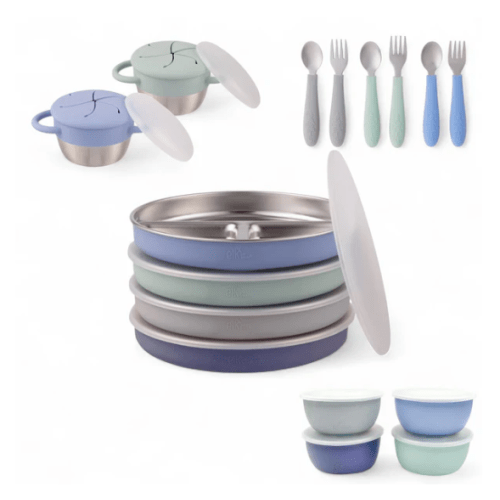Stainless Steel Mealtime Bundle | Normal Sleeves | Plates, Bowls, Snack Cups + Toddler Utensils | 16 Pcs | Sage/MistyBlue/Navy/Gray