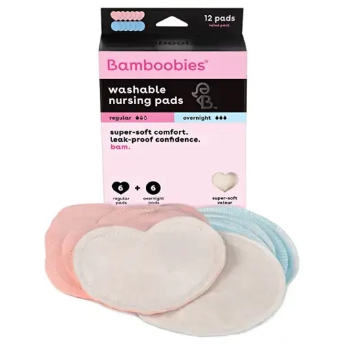 Bamboobies Women’s Overnight Nursing Pads, Reusable and Washable, Pink Regular and Blue Overnight, Variety Pack, Leak-Proof Pads for Breastfeeding, 6 Pairs - 3 Regular Pairs & 3 Overnight Pairs