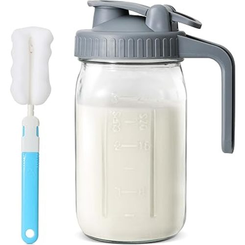 32 Oz Breast Milk Pitcher,Glass Pitchers with Lid and Handle,Wide Mouth Mason Jar, Leak-proof Glass Water Pitcher, Creamer Container