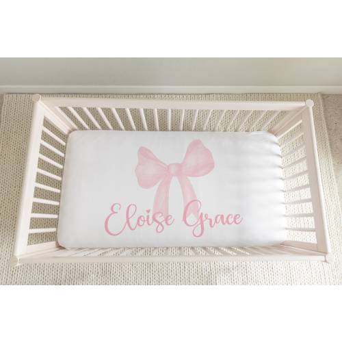 Personalized Pink Bow Crib Sheet with Baby Girl’s Name –Custom Nursery Bedding, Soft Crib Sheet for Baby Girl, Baby Girl Shower Gift 587