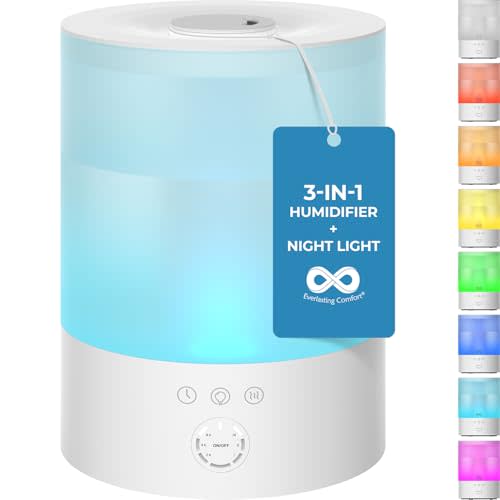 Everlasting Comfort Top Fill Humidifiers for Bedroom, 2.5L - Leakproof, Essential Oil Diffuser, Lights, Timer, Quiet Ultrasonic Cool Mist Humidifier, Easy to Fill & Clean, Auto Shut-Off, Aromatherapy