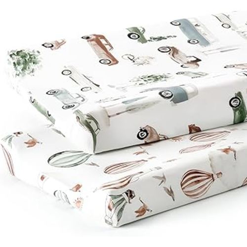 GRSSDER Stretch Ultra Soft Jersey Knit Changing Pad Cover Set 2 Pack, Change Table Pad Covers Fit 32"/34" x 16" Pads Safe and Snug, Pretty Diaper Changing Pad Covers of Cars Print