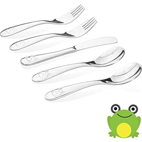 Kids Stainless Steel Utensil Set | Premium #304 (18/8) | Adorable Frog Design | 5-piece Set: 2 Spoons, 2 Forks, & 1 Butter Knife | Safe & Durable for Toddlers and Children | by Kiddobloom