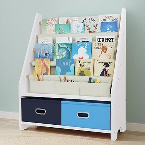 4 Tier Kids Bookshelf, Wooden Kids Book Rack, White Kids Book Shelf with Toy Storage Organizer, Toddler Sling Bookshelf for Boys, Girls, Kids Room, Blue