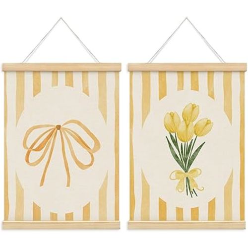 ETYZE Coquette Yellow Bow Tulip Floral Wall Art Poster Hanger Frame, Spring Coquette Wall Decor, Preppy Girly Room Decor, Preppy Canvas Wall Art for Girls Room Dorm Apartment, 12x16 Inch Set of 2